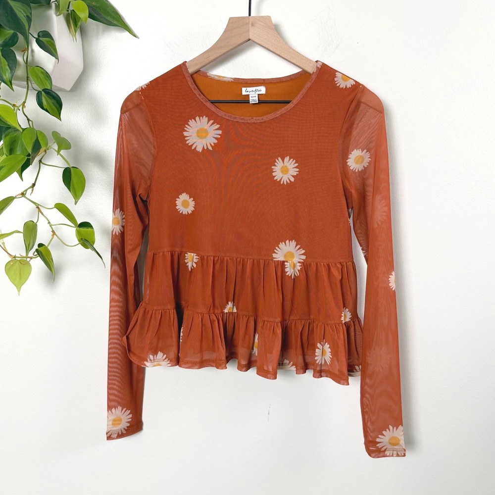 Lovefire Rust Orange Daisy Floral Mesh Peplum Long Sleeve Top XS Boho
